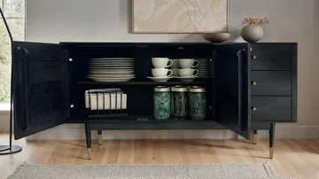Beluna Skænk 160 cm - dyb sort med guldfarvede detaljer - Opbevaring - Opbevaringsmøbler - Skænke & sideboards
