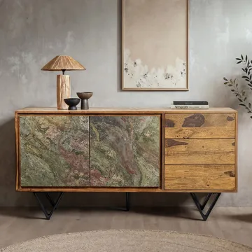 Corena skænk 150 cm - naturbrun med flerfarvede fronter i stenlook og sorte ben - Opbevaring - Opbevaringsmøbler - Skænke & sideboards