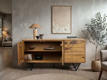 Corena skænk 150 cm - naturbrun med flerfarvede fronter i stenlook og sorte ben - Opbevaring - Opbevaringsmøbler - Skænke & sideboards