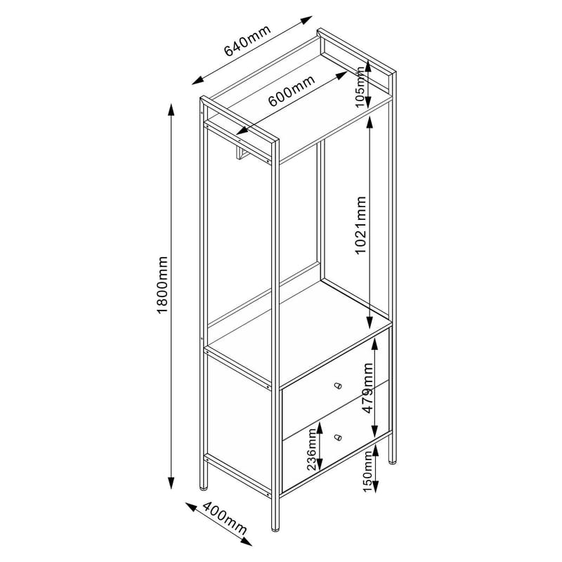 Entréreol HOME4YOU Hannes 64x40x180 cm rustik melamin med skuffer - brun - Opbevaring - Hylder & Reoler - Hattehylde