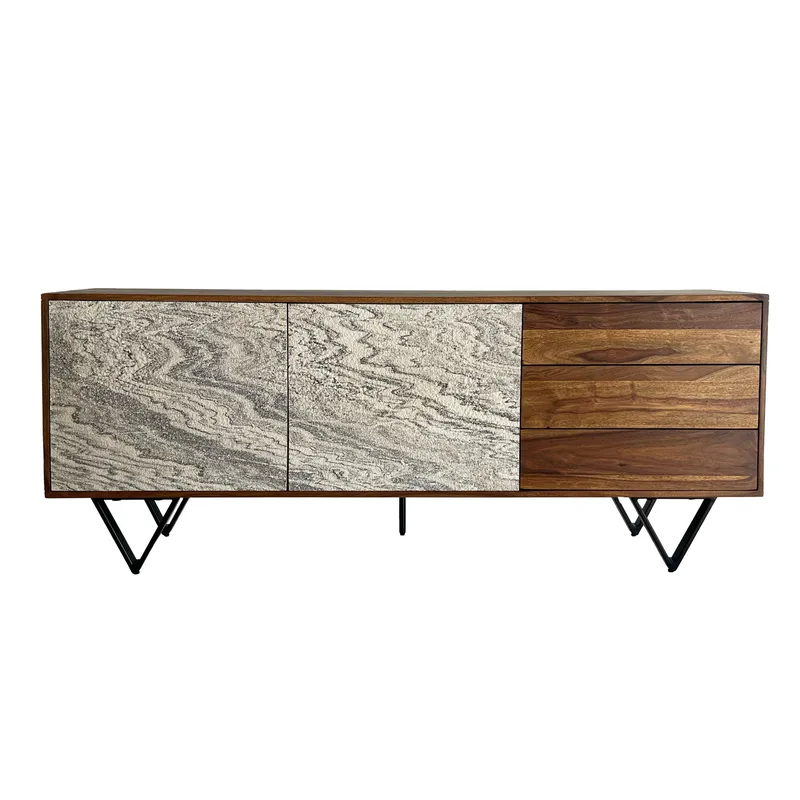 Jesvik skænk 175x71x40 cm i massivt sheeshamtræ med fronter i stenlook, hvid og naturtræ