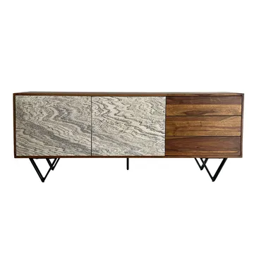 Jesvik skænk 175x71x40 cm i massivt sheeshamtræ med fronter i stenlook - hvid og naturtræ - Opbevaring - Opbevaringsmøbler - Skænke & sideboards