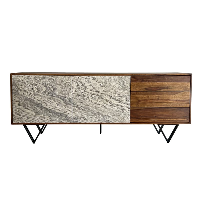 Jesvik skænk 175x71x40 cm i massivt sheeshamtræ med fronter i stenlook - hvid og naturtræ - Opbevaring - Opbevaringsmøbler - Skænke & sideboards