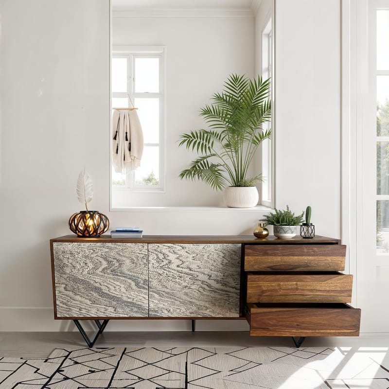 Jesvik skænk 175x71x40 cm i massivt sheeshamtræ med fronter i stenlook - hvid og naturtræ - Opbevaring - Opbevaringsmøbler - Skænke & sideboards
