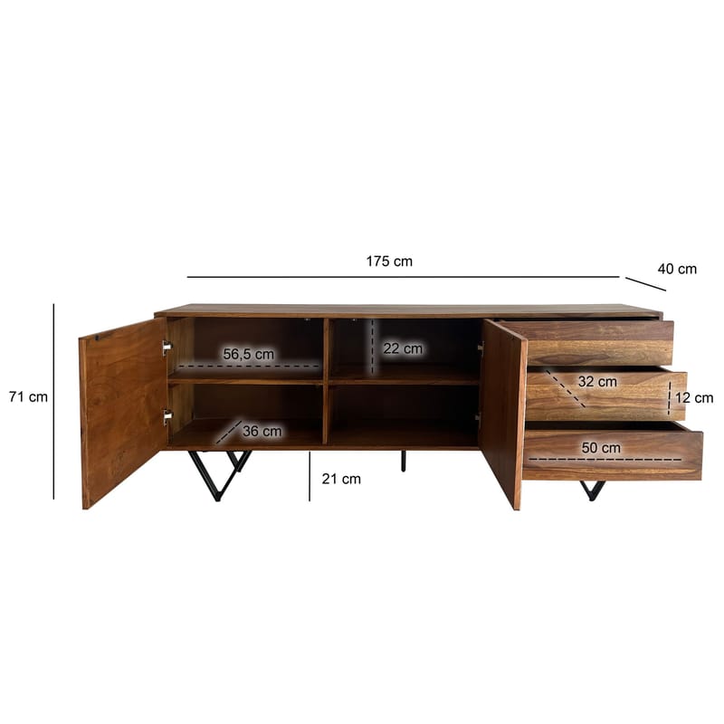 Jesvik skænk 175x71x40 cm i massivt sheeshamtræ med fronter i stenlook - hvid og naturtræ - Opbevaring - Opbevaringsmøbler - Skænke & sideboards