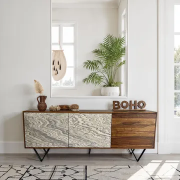 Jesvik skænk 175x71x40 cm i massivt sheeshamtræ med fronter i stenlook - hvid og naturtræ - Opbevaring - Opbevaringsmøbler - Skænke & sideboards