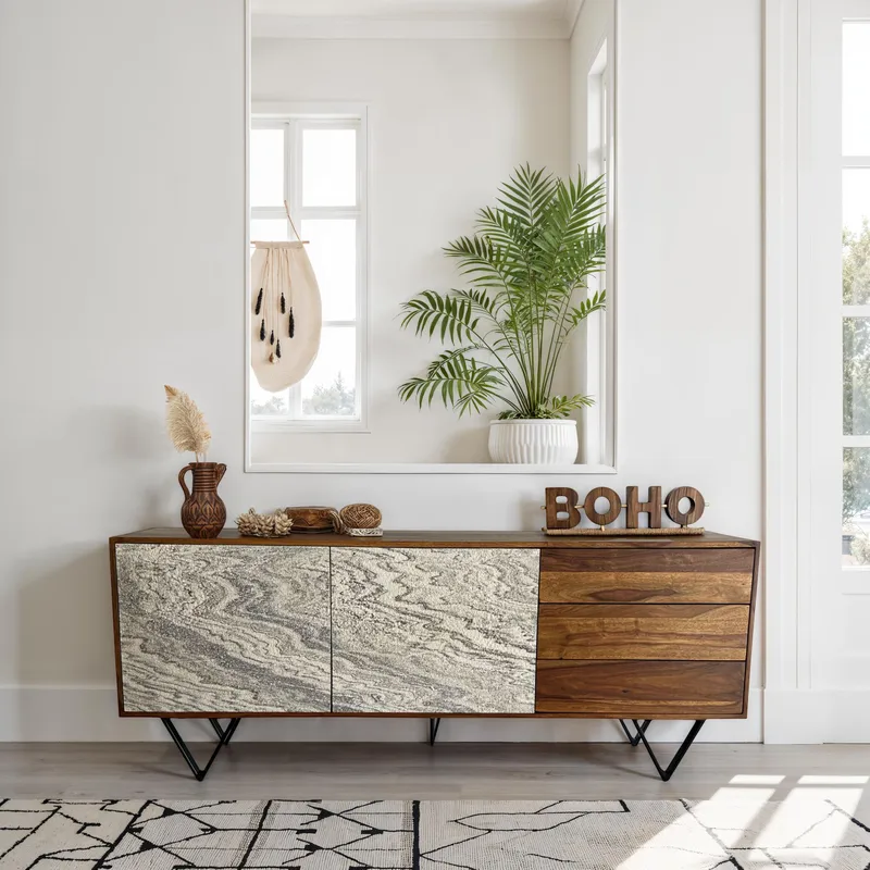 Jesvik skænk 175x71x40 cm i massivt sheeshamtræ med fronter i stenlook - hvid og naturtræ - Opbevaring - Opbevaringsmøbler - Skænke & sideboards