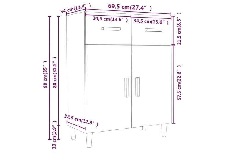 beBasic skænk 69,5x34x89 cm konstrueret træ betongrå - GrÃ¥ - Entréopbevaring - Kommode