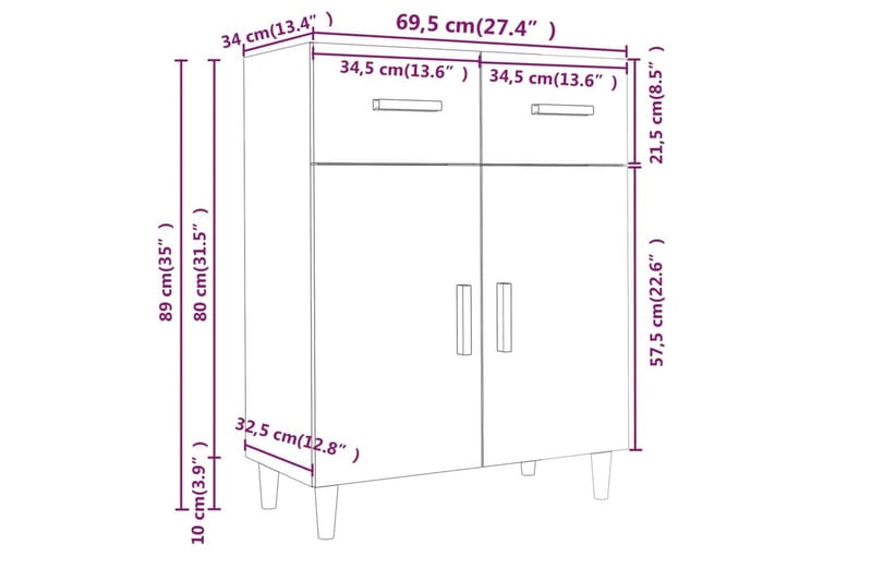 beBasic skænk 69,5x34x89 cm konstrueret træ betongrå - GrÃ¥ - Entréopbevaring - Entrékommode - Kommode