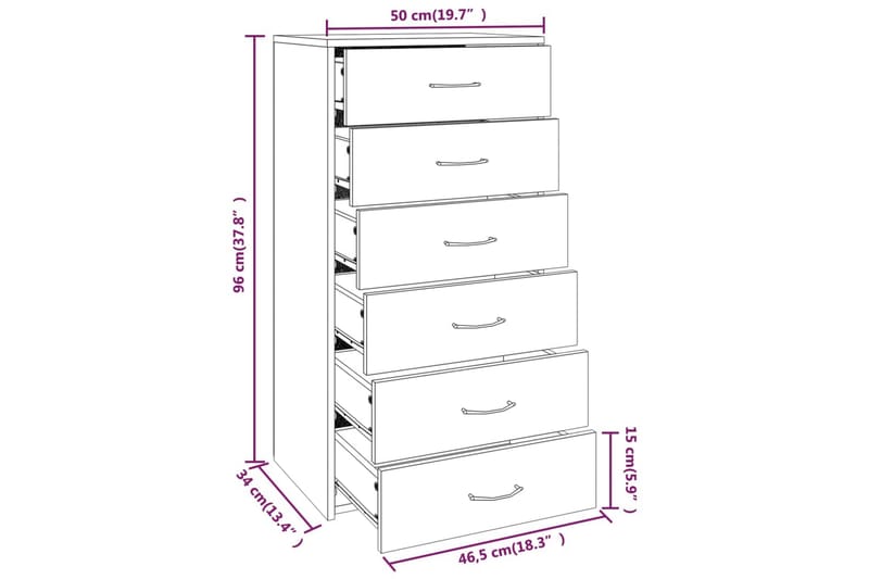 beBasic skænk med 6 skuffer 50x34x96 cm konstrueret træ røget egetræ - Brun - Entréopbevaring - Entrékommode - Kommode