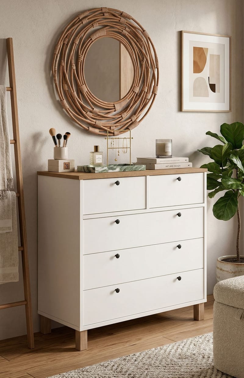 Kommode Hanah Home Nord (90 x 85,2 x 40 cm) Hvid eg - Hvid og eg - Opbevaring - Opbevaringsmøbler - Kommode - Entrékommode