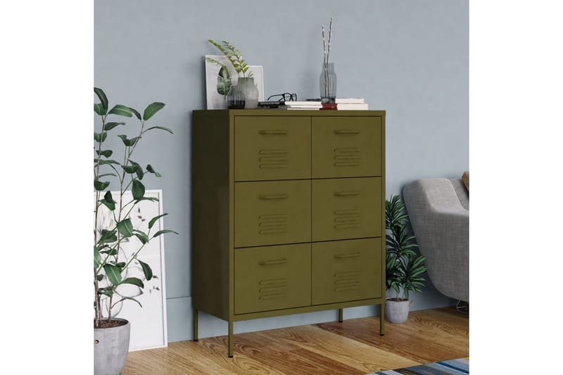 kommode 80x35x101,5 cm stål olivengrøn - Grøn - Opbevaring - Opbevaringsmøbler - Kommode - Entrékommode