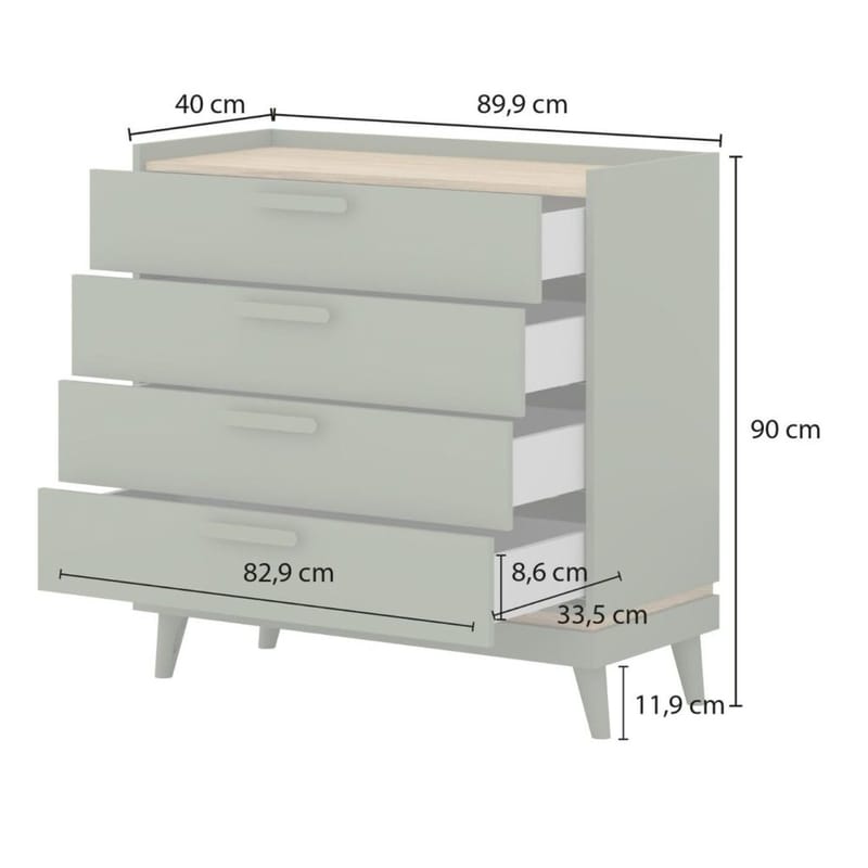 Kommode Scandi med 4 skuffer - Falmet grøn - Oliebehandlet eg - Opbevaring - Opbevaringsmøbler - Kommode - Entrékommode
