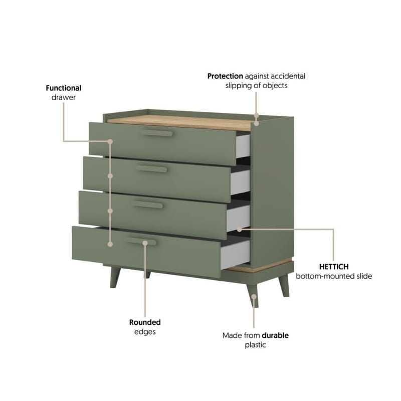 Kommode Scandi med 4 skuffer - Falmet grøn - Oliebehandlet eg - Opbevaring - Opbevaringsmøbler - Kommode - Entrékommode