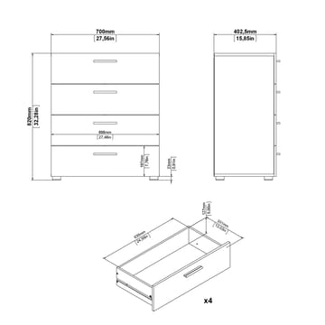 Suntia Kommode med 4 skuffer 70x40x82 cm - Opbevaring - Opbevaringsmøbler - Kommode - Entrékommode
