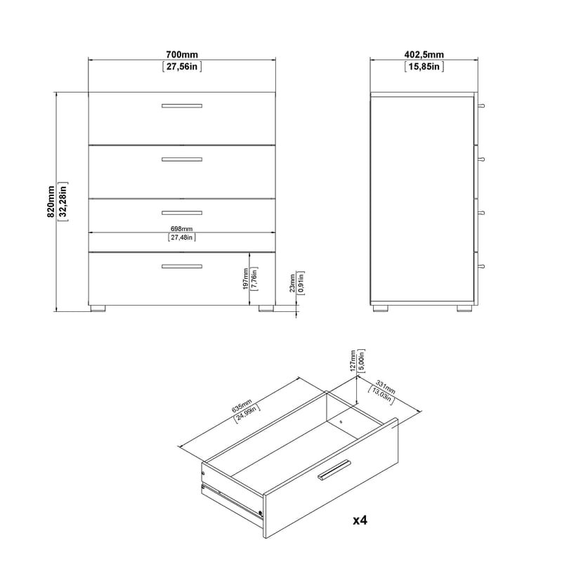 Suntia Kommode med 4 skuffer 70x40x82 cm - Opbevaring - Opbevaringsmøbler - Kommode - Entrékommode