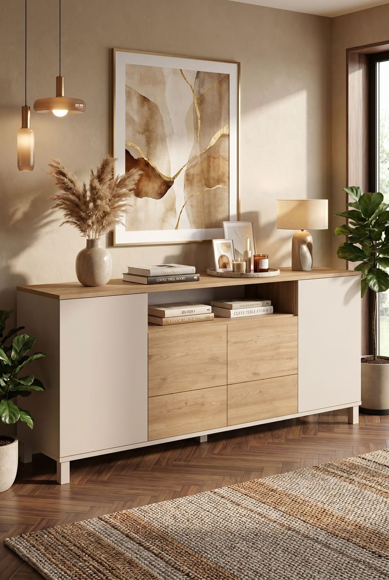 Konsolbord Hanah Home Mood (180 x 82,4 x 44,5 cm) Sand Oak - Sand eg - Opbevaring - Opbevaringsmøbler - Skænke & sideboards
