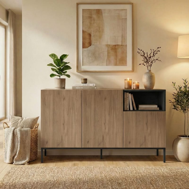 Morlen Konsol 140x80x41,8 cm - Natural Oak, Wood Black, Sandstone - Opbevaring - Opbevaringsmøbler - Skænke & sideboards