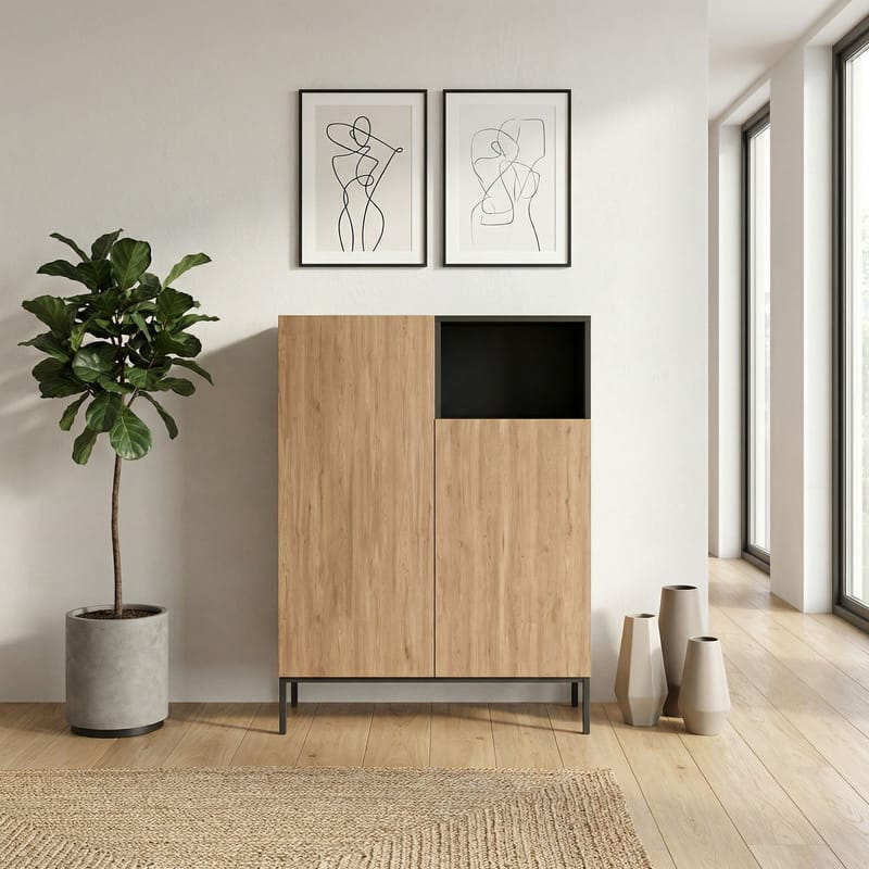 Morlen Skænk 90x120x41,8 cm - Natural Oak, Wood Black, Sandstone - Opbevaring - Opbevaringsmøbler - Skænke & sideboards