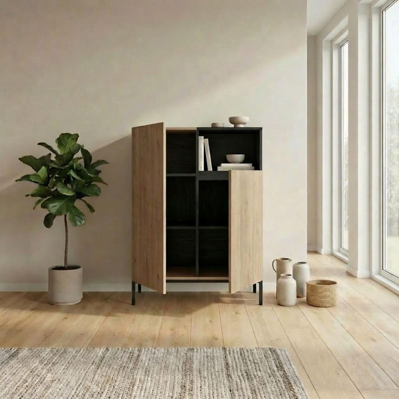 Morlen Skænk 90x120x41,8 cm - Natural Oak, Wood Black, Sandstone - Opbevaring - Opbevaringsmøbler - Skænke & sideboards