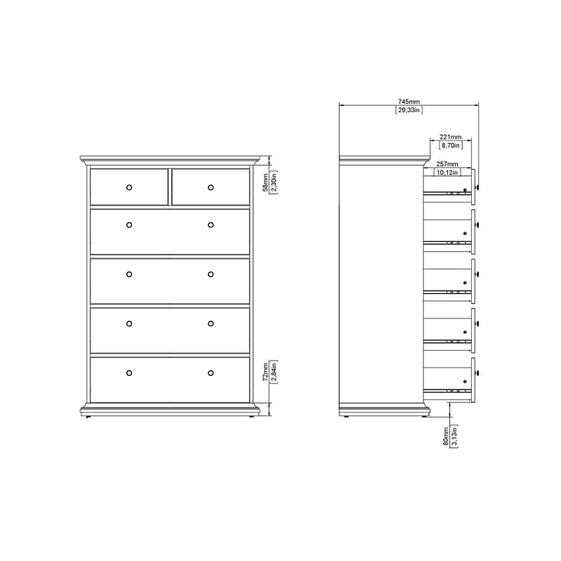 Paris Kommode med 6 skuffer 96x48x140 cm - Opbevaring - Opbevaringsmøbler - Kommode