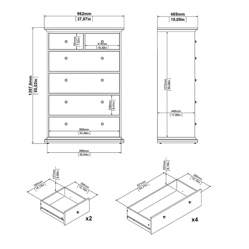 Paris Kommode med 6 skuffer 96x48x140 cm - Opbevaring - Opbevaringsmøbler - Kommode