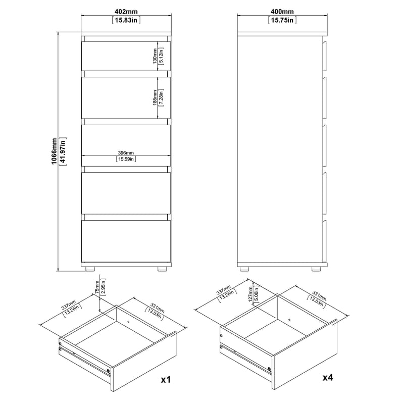 Rengo Kommode med 5 skuffer 40x40x107 cm - Opbevaring - Opbevaringsmøbler - Kommode