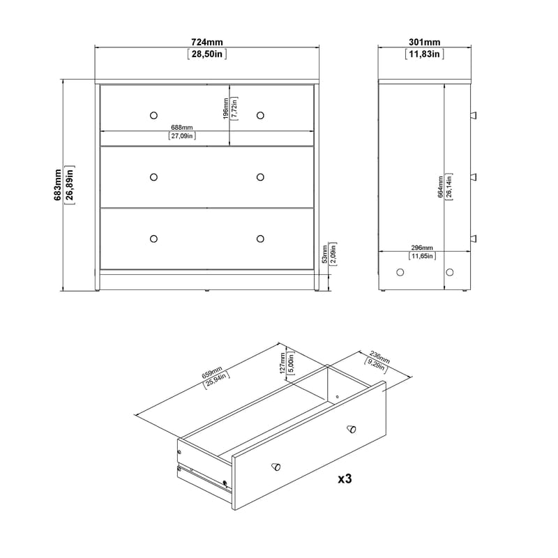 Renor Kommode 3 skuffer 72x30x68 cm - Opbevaring - Opbevaringsmøbler - Kommode