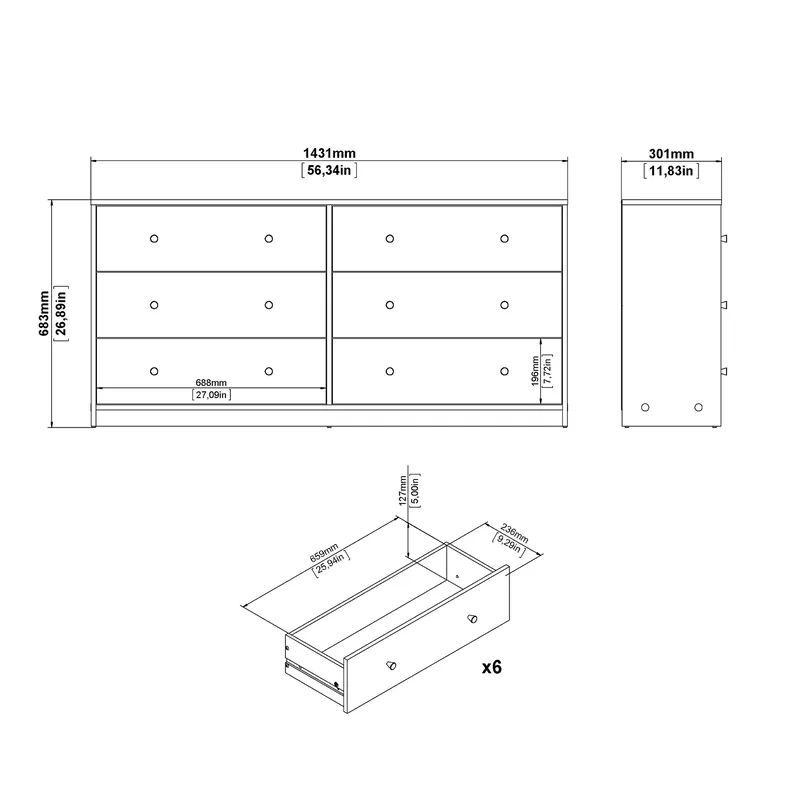 Renor Kommode dobbelt kommode med 6 skuffer 143x30x68 cm - Opbevaring - Opbevaringsmøbler - Kommode
