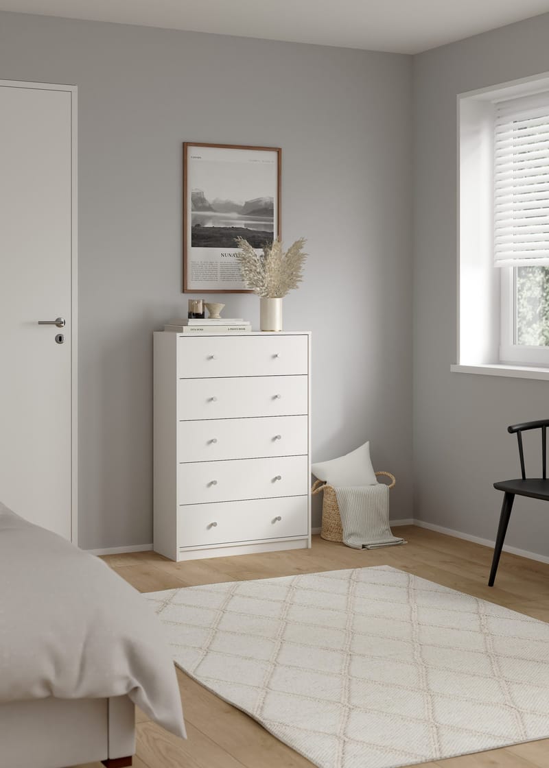 Renor Kommode med 5 skuffer Hvid 72x30x108 cm - Opbevaring - Opbevaringsmøbler - Kommode