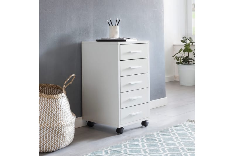 Rullecontainer Wohnling 5 skuffer med hjul, folieret spånplade, moderne stil Hvid - Hvid - Opbevaring - Opbevaringsmøbler - Kommode