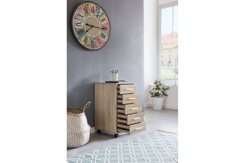 Rullecontainer Wohnling 5 skuffer med hjul, folieret spånplade, moderne stil Sonoma - Sonoma - Opbevaring - Opbevaringsmøbler - Kommode - Entrékommode
