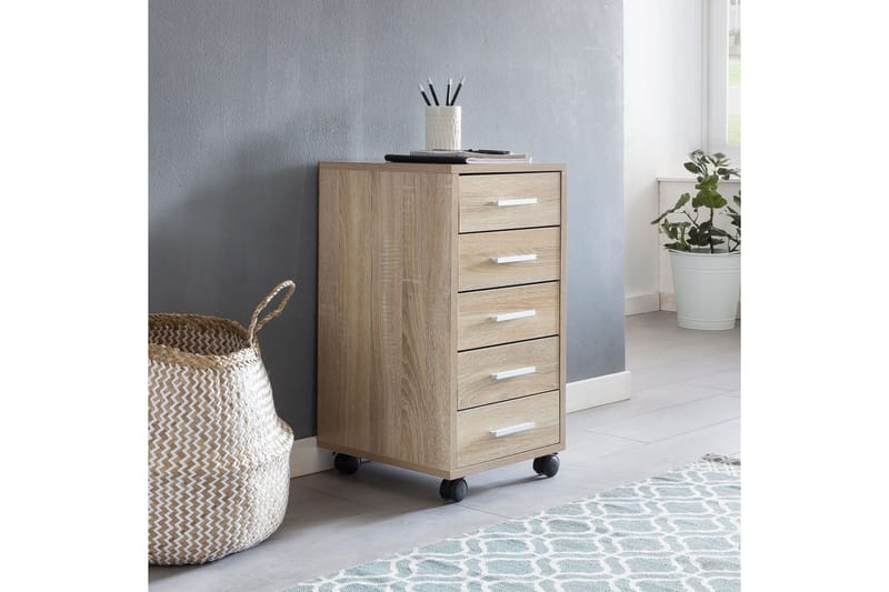 Rullecontainer Wohnling 5 skuffer med hjul, folieret spånplade, moderne stil Sonoma - Sonoma - Opbevaring - Opbevaringsmøbler - Kommode
