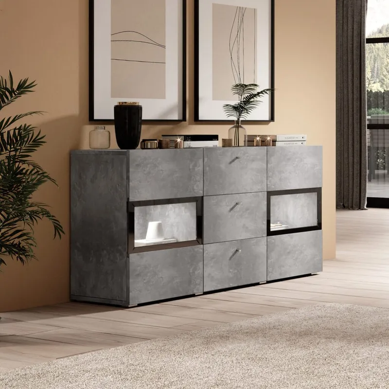 Skænk Baros 2 Døre med 3 Skuffer - Betonlys - Opbevaring - Opbevaringsmøbler - Skænke & sideboards