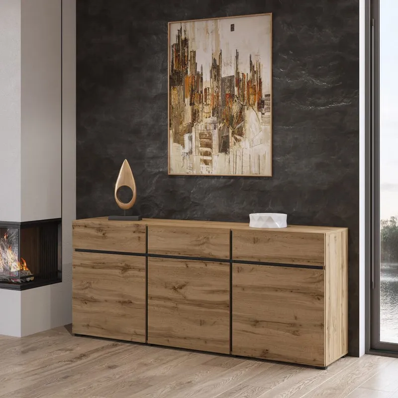 Skænk Cross 3 Døre med 3 Skuffer - Wotan Eg - Sort - Opbevaring - Opbevaringsmøbler - Skænke & sideboards