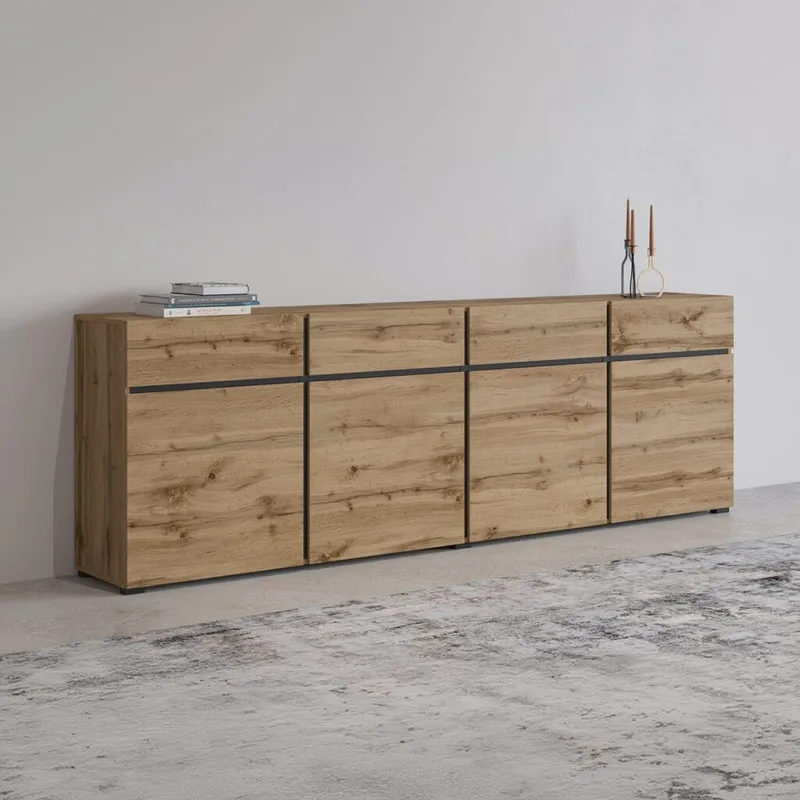 Skænk Cross 4 døre med 4 skuffer - Wotan Eg - Sort - Opbevaring - Opbevaringsmøbler - Skænke & sideboards