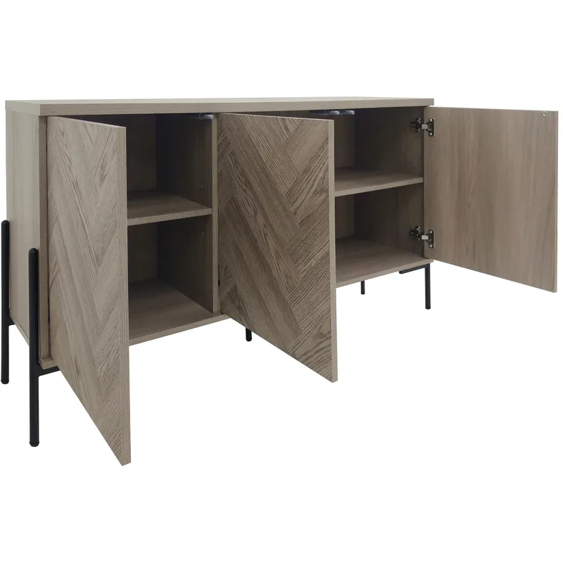 Skænk Loft24 Charlene Naturfarvet sildebensmønster/natureg 3 låger - Natur-eg i sildebensmønster / natur-eg - Opbevaring - Opbevaringsmøbler - Skænke & sideboards