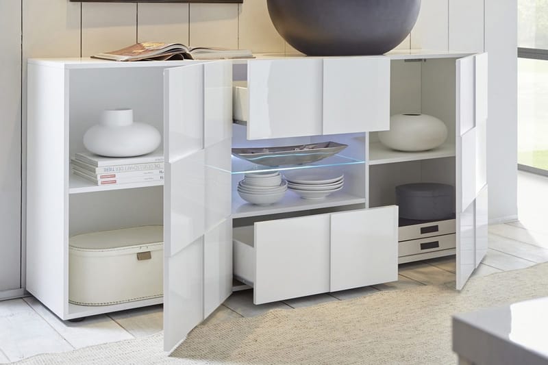 Dama Skænk 181 cm med Skuffer - Hvid Højglanslak - Opbevaring - Opbevaringsmøbler - Skænke & sideboards