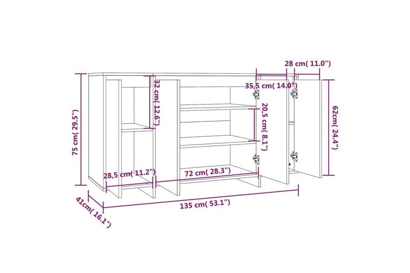 skænk 135x41x75 cm spånplade røget egetræsfarve - Brun - Opbevaring - Opbevaringsmøbler - Skænke & sideboards