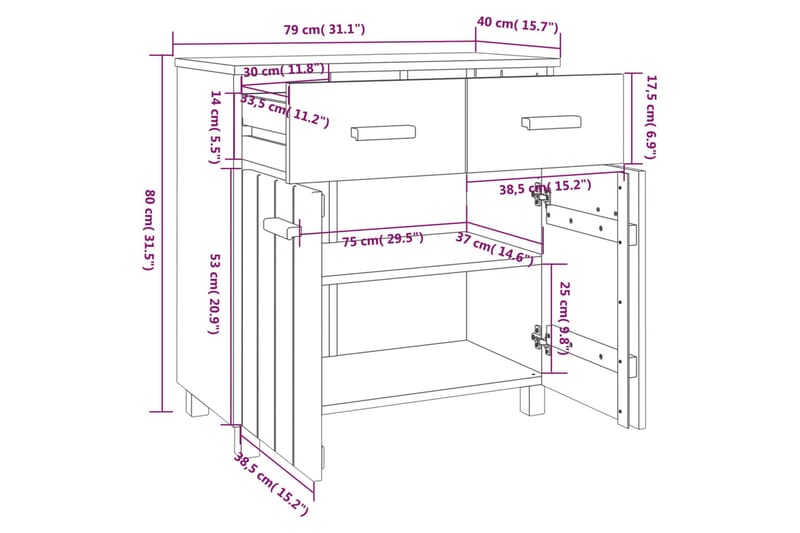 skænk 79x40x80 cm massivt fyrretræ gyldenbrun - Brun - Skænke & sideboards