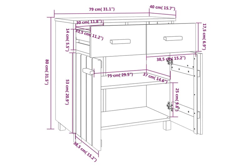 skænk 79x40x80 cm massivt fyrretræ hvid - Hvid - Opbevaring - Opbevaringsmøbler - Skænke & sideboards