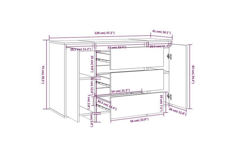 skænk med 3 skuffer 120x41x75 cm spånplade betongrå - Grå - Opbevaring - Opbevaringsmøbler - Skænke & sideboards