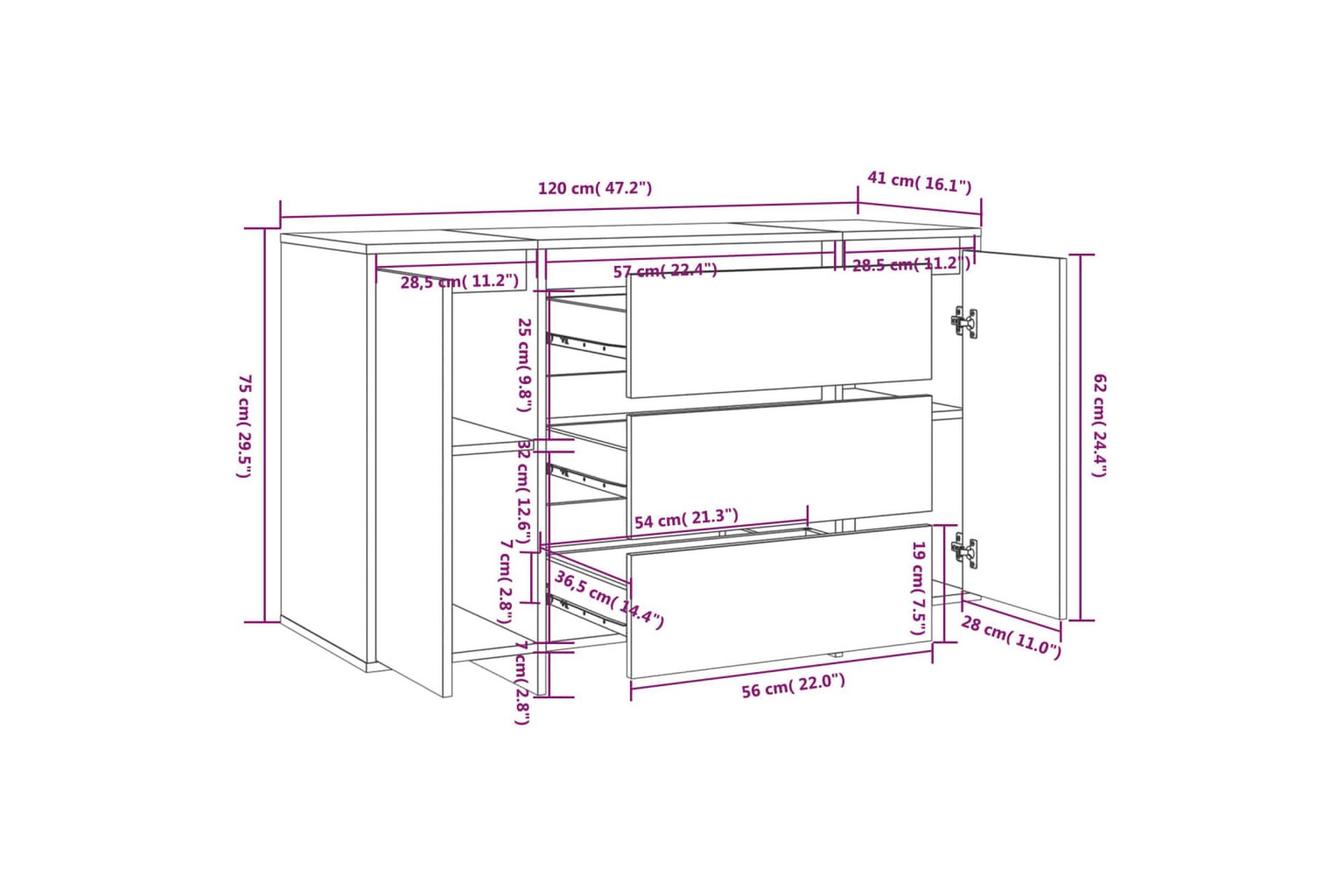 skænk med 3 skuffer 120x41x75 cm spånplade hvid - Hvid - Opbevaring - Opbevaringsmøbler - Skænke & sideboards