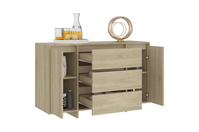 skænk med 3 skuffer 120x41x75 cm spånplade sonoma-eg - Brun - Skænke & sideboards