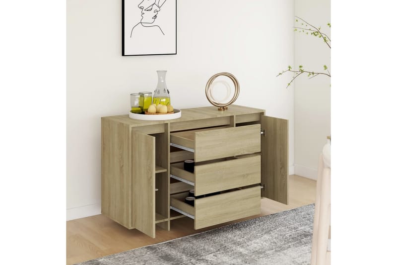 skænk med 3 skuffer 120x41x75 cm spånplade sonoma-eg - Brun - Skænke & sideboards