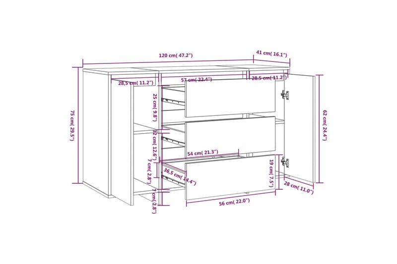 skænk med 3 skuffer 120x41x75 cm spånplade sonoma-eg - Brun - Skænke & sideboards