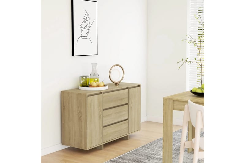 skænk med 3 skuffer 120x41x75 cm spånplade sonoma-eg - Brun - Skænke & sideboards