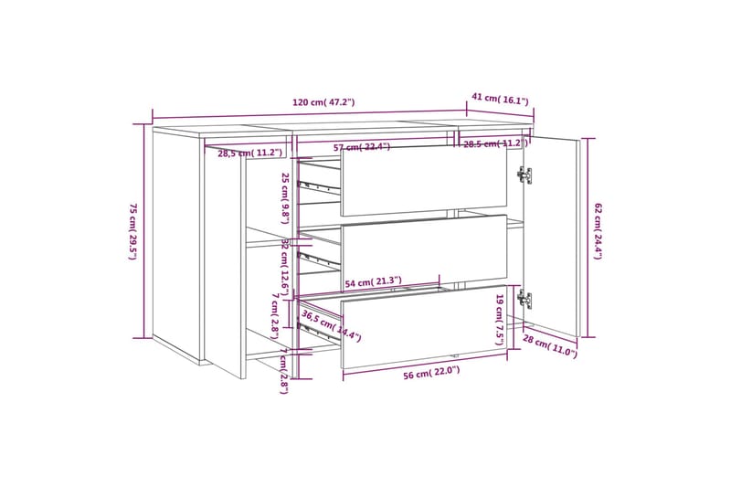 skænk med 3 skuffer 120x41x75 cm spånplade sort - Sort - Skænke & sideboards