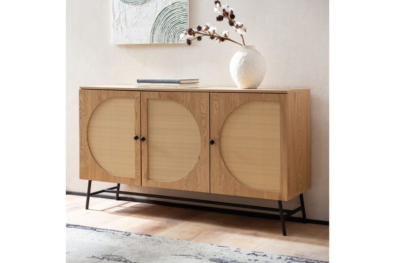 Skænk Wohnling Folieret spånplade egetræslook halvcirkel rattanvævet look 3 døre moderne - Møbler - Borde - Aflastningsbord - Lampebord