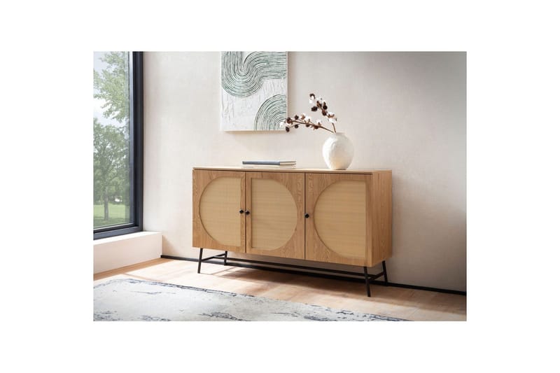 Skænk Wohnling Folieret spånplade egetræslook halvcirkel rattanvævet look 3 døre moderne - Møbler - Borde - Aflastningsbord - Bakkebord & små borde